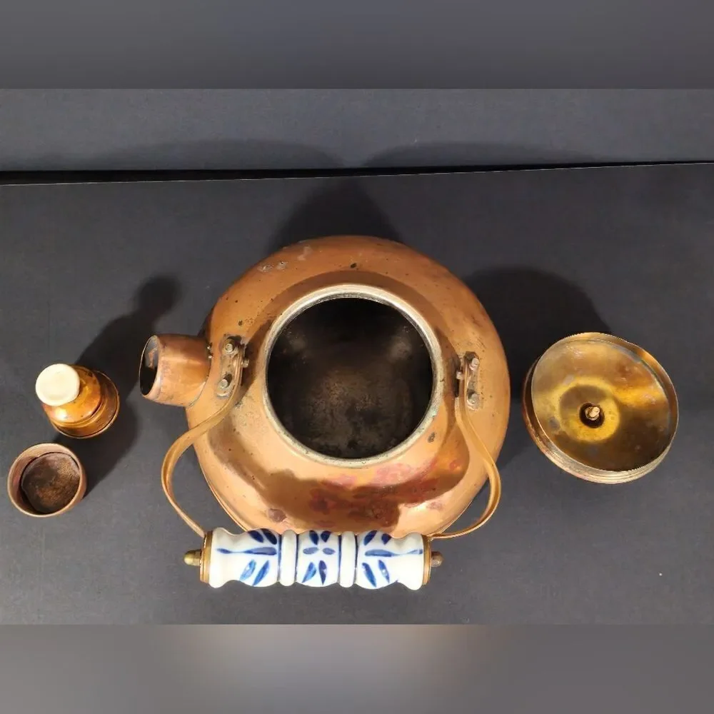 Antique Copper brass teapot with porcelain Delft handle